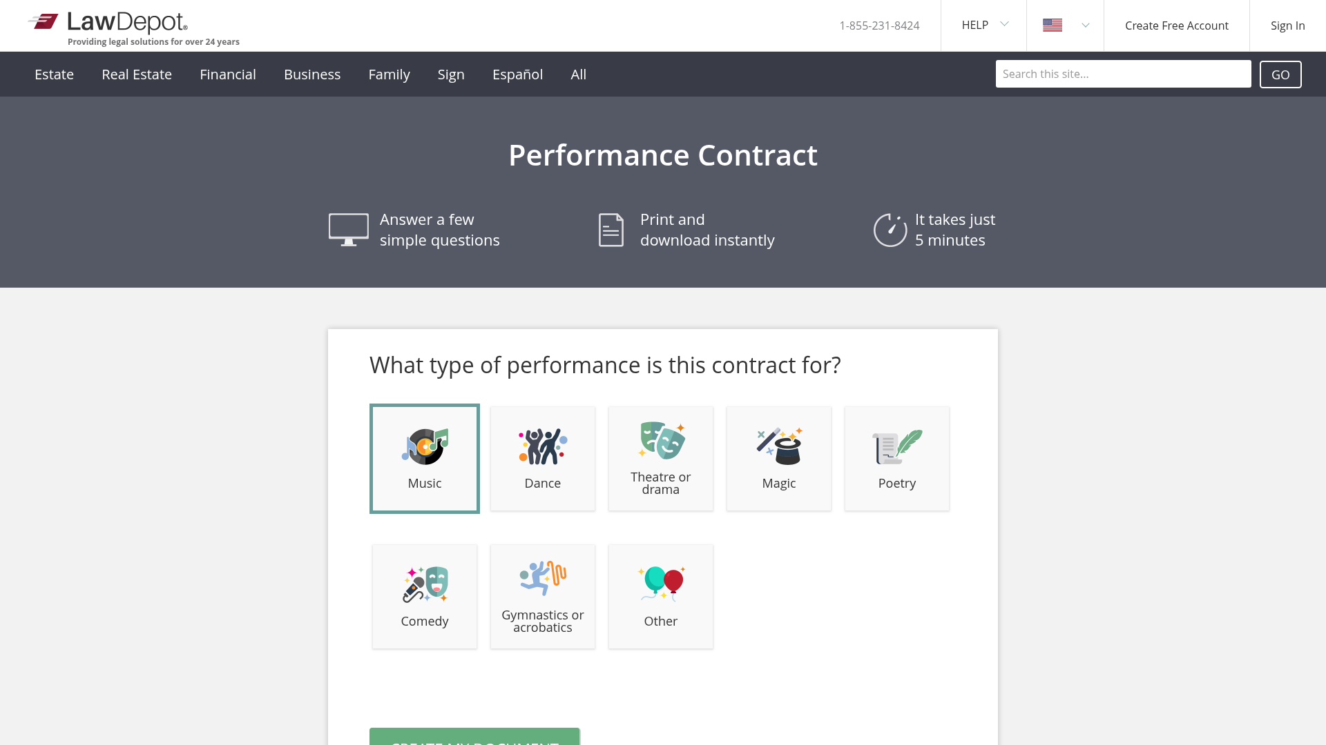 LawDepot Performance Contract questionnaire with entertainment-type choices